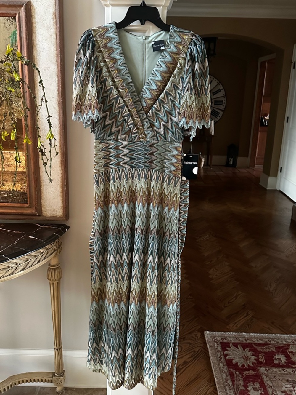 Maison Tara Zigzag Chevron Maxi Dress in Light Green, Gold, Brown